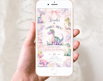 Three Rex Birthday Party | Digital Template | Edit Yourself Digital Invite | Pastel Dinosaur Invite | Editable Three Rex Invitation Girl