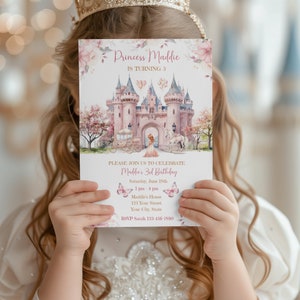 Convite de terceiro aniversário de princesa, convite de princesa em aquarela, editável no Canva, download instantâneo, festa de princesa, festa de terceiro aniversário de menina