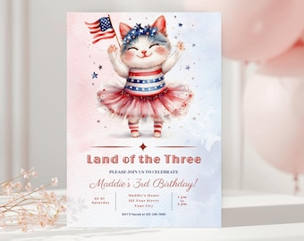 Land of the Three Birthday Invitation, 3rd Birthday Party Invite, Patriotic Girl Birthday, Editable Printable Template