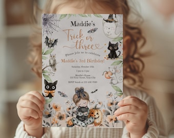 Trick Or Three Halloween 3rd Birthday Invitation, Canva Editable Evite, Ghost Spooktacular Party, Instant Download, Girl Third Birthday