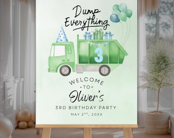 Müllwagen 3. Geburtstag Willkommensschild, bearbeitbares Partydekor, druckbarer Kindergeburtstag, Trash Bash-Feier, benutzerdefiniertes Schild für Müllauto