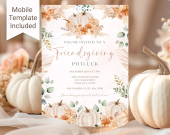 Mall för Friendsgiving-inbjudan, höstknytkalasinbjudan, redigerbar Thanksgiving-inbjudan, höstmiddagsbjudning Canva-mall, mobilinbjudan