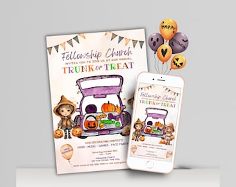 Flyer voor Trunk Or Treat | Trunk Or Treat bij de kerk | Herfstfestival op school | Bewerkbare Trunk Or Treat-uitnodiging | Printbare Halloween-uitnodiging
