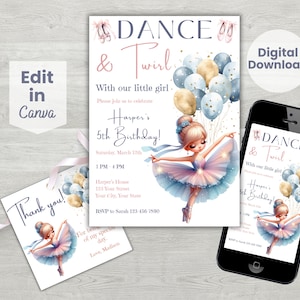 Ballerina 5th Birthday Editable Invitation, Editable Ballet Dancer Invitation, Printable Digital Kids Dance Party, Dance And Twirl Printable