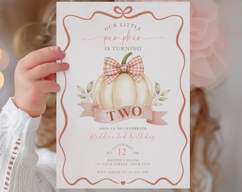 May include: A birthday invitation with a pumpkin theme. The invitation features a white pumpkin with a plaid bow, the text "Our Little Pumpkin is Turning Two," and event details. The color scheme includes shades of pink and brown.