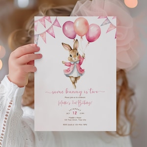 Editable Some Bunny is Two 2nd Birthday Invitation, Some Bunny is Turning Two, Pink Floral Spring Printable Rabbit Invite, Instant Download
