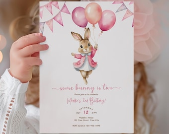 Invitación editable para el segundo cumpleaños de Some Bunny is Two, Some Bunny is Turning Two, invitación imprimible con conejo de primavera con flores rosas, descarga instantánea