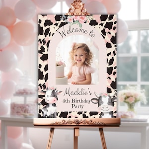 Letrero de bienvenida para el cuarto cumpleaños con la frase "Holy Cow I'm Four", decoración para fiesta de vacas para niñas, descarga digital, editable para cualquier edad, póster rosa personalizado para hacer uno mismo, letrero para el jardín