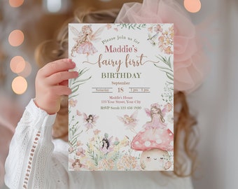 May include: A pink and green fairy-themed birthday invitation with the text "Please join us for Maddie's fairy first birthday, September 18, 1 pm - 4 pm, Maddie's House, 123 Your Street, Your City, RSVP Sarah 123-456-7890".