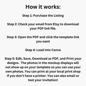 May include: A step-by-step guide on how to use a digital template. The instructions explain how to purchase, download, edit, and print a digital template. The text mentions using Canva and Etsy.