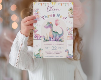 Editable Three Rex Birthday Party | Editable Template | Dino Party | 3 Rex Birthday Invitation Girl | Dinosaur Girl Birthday Invitation