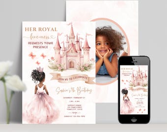 Ihre königliche Fünf zum 5. Geburtstag, anpassbare Princess Castle Party-Thema einladen, sofortiger Download, bearbeitbare Canva-Vorlage