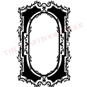 May include: Black and white digital download of a book binding cover design featuring a decorative frame with a floral motif.