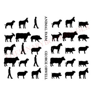 May include: Black and white silhouette illustrations of animals from George Orwell's Animal Farm book. The illustrations include a pig, a cow, a horse, a donkey, a sheep, and a dog. The text "ANIMAL FARM GEORGE ORWELL" is on the right side of the image. The text "BOOK BINDING COVER DESIGN" is at the bottom of the image.