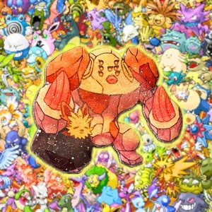 Regirock Meme Pin Kunstharz Holographisch Kunty Regirock mit einer Hangtasche und Lilipup Pokemon Anime Cosplay Lustig Legendär Ziehen TikTok Badge Large