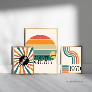 Conjunto de arte de pared retro de los años 70 de 3, estampados de puesta de sol retro de moda, arte de pared groovy, impresiones de discos hippies, póster estilo funky de los años 70, póster de buenas vibraciones