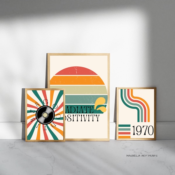 Retro 70s Wall Art Set of 3, Trendy Retro Sunset Prints, Groovy Wall Art, Hippie Disk Prints, Funky 70s Style Poster, Good Vibes Poster