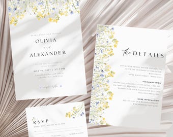 Wildflower Wedding Invitation Suite Template, Minimal Floral RSVP & Details Card, Canva Template, Instant Download