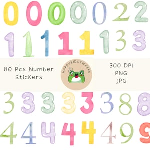 80 PCS Pastel Number Stickers, Number Stickers for School, Funny Planner Stickers, Watercolor Number Sticker, Number Stickers for Kids