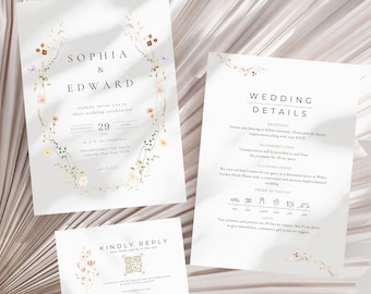 Rustic Wildflower Wedding Invitation Template Set, Elegant Editable Canva Design (Instant Download)