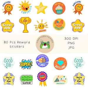 80 PCS Printable Reward Stickers, Motivational Teacher Stickers, Good Job Stickers, Awesome PNG, Classroom Reward Stickers, Back to School