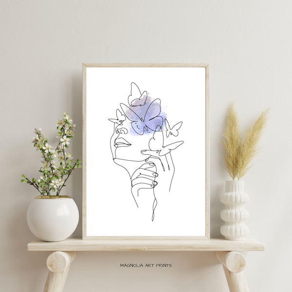 Woman with Butterfly Line Art Print, Female Face Line Wall Art, Watercolor Butterfly Print, Minimalist Women One Line Wall Art, Abstract Art