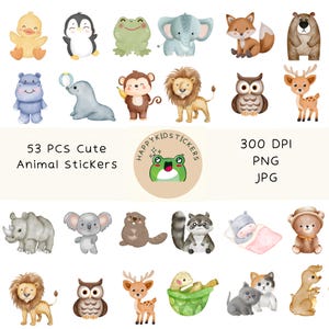53 PCS Watercolor Cute Animal Stickers, Wildlife Zoo Farm & Sea Creatures Animal Sticker, Adorable Animals Sticker, Animal Sticker for Kids