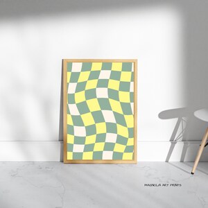 Grün und Gelb kariertes Wandbild, Retro Pastell Schachbrett Druck, Retro welliges Schachbrett Druck, Funky Poster, 70er abstrakte Kunst Druck