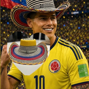 May include: A wide-brimmed hat featuring a yellow crown and a brim decorated with concentric rings of black, white, red, and blue patterns. The hat has a structured shape with a flat top and a curved brim edge, showcasing intricate woven details.