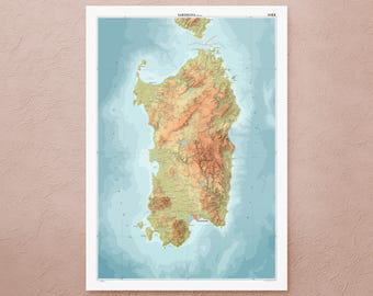 Sardinia map print (Italy): decorative topographic map in A1/A2 size