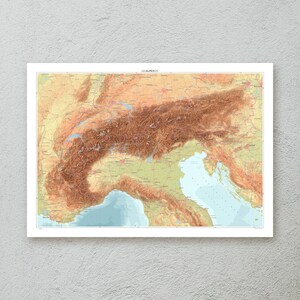 Alpen Karte Druck — dekorative topografische Karte Wandkunst in A1/A2 Größe — Premiumpapier — kartographisches Kunstwerk — originelles Reisegeschenk