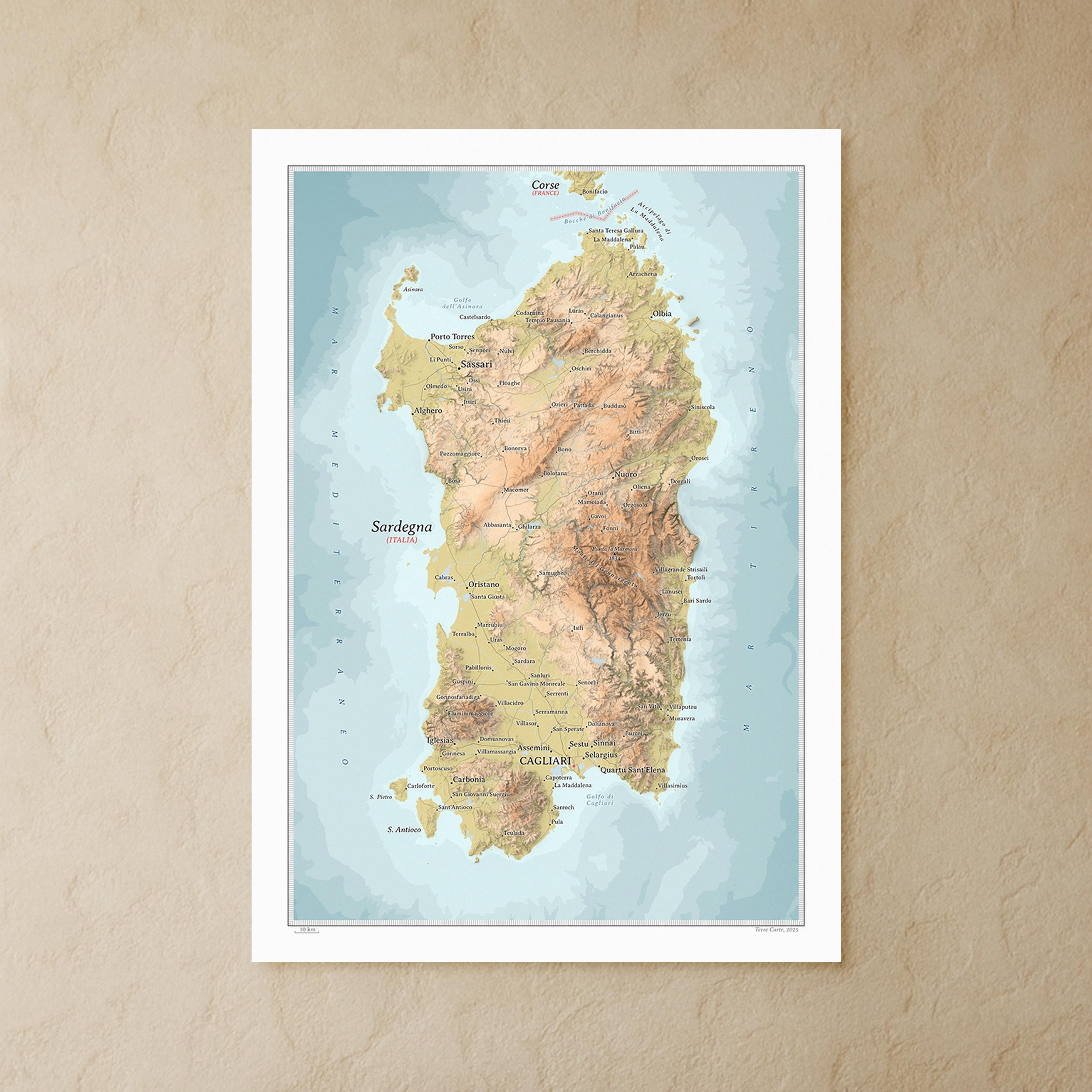 Sardinia map print (Italy): mini decorative map in A3/A4 size