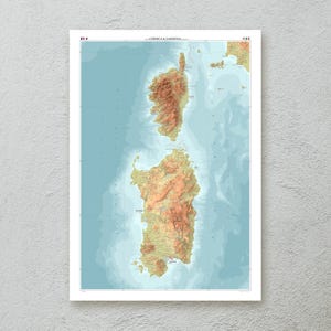 Impression de carte de la Corse et de la Sardaigne — art mural décoratif carte topographique au format A1/A2 — oeuvre cartographique en papier premium cadeau de voyage original