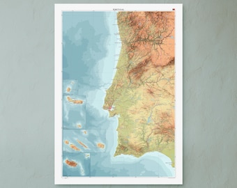 May include: A framed map of Portugal, displaying the country's topography and surrounding waters. The map uses shades of blue, green, and brown, with the word "PORTUGAL" at the top. The Azores and Madeira islands are also visible.