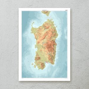 Impression de carte de la Sardaigne (Italie) — art mural décoratif carte topographique au format A1/A2 — papier premium — illustrations cartographiques — cadeau de voyage original