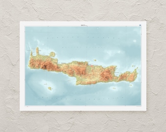 May include: A framed topographic map of Crete, Greece, in shades of brown and green, set against a light blue background. The map includes the island's geographical features and is labelled with the name "KRITI".