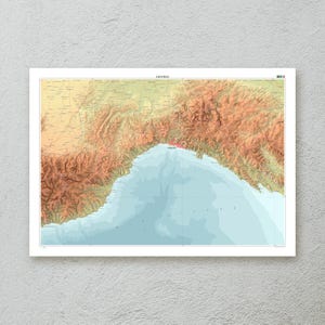 リグーリア地図プリント（イタリア）— A1/A2サイズの装飾用地形図ウォールアート— 高級紙— 地図アートワーク— オリジナル旅行ギフト