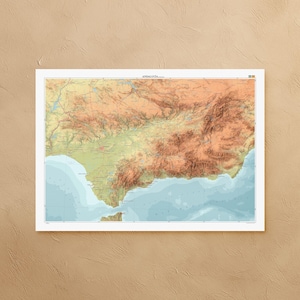 Stampa della mappa dell'Andalusia (Spagna): mappa topografica decorativa in formato A1/A2