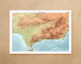 Impresión del mapa de Andalucía (España): mapa topográfico decorativo en tamaño A1/A2