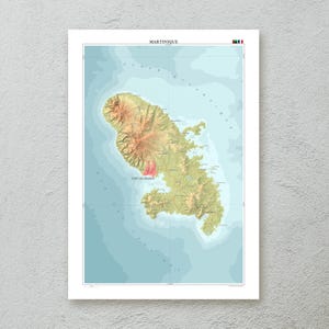 Martinique Kartendruck (Frankreich) — dekorative topografische Karte Wandkunst in A2/A3 Größe — Premiumpapier — kartographisches Kunstwerk — Reisegeschenk