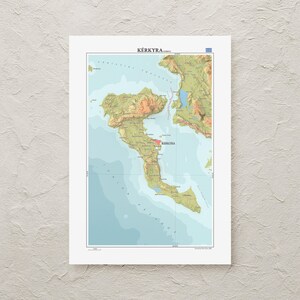 Corfu map print (Greece): decorative topographic map in A3/A4 size