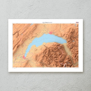 Genfer See Karte — dekorative topografische Karte Wandkunst in A2/A3-Größe — Premiumpapier — kartographisches Kunstwerk — originelles Reisegeschenk