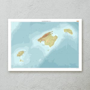 Impresión del mapa de las Islas Baleares (España): arte topográfico decorativo para pared tamaño A1/A2, ilustración cartográfica en papel premium, regalo de viaje.