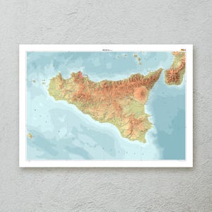 Sizilien Karte Druck (Italien) — dekorative topografische Karte Wandkunst in A1/A2 Größe — Premiumpapier — kartographisches Kunstwerk — originelles Reisegeschenk