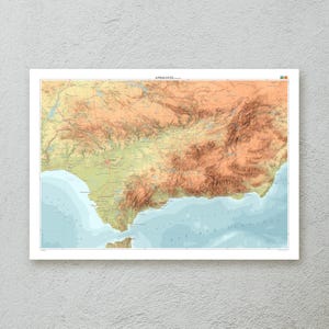 Impression de carte d'Andalousie (Espagne) — oeuvres d'art murales décoratives de carte topographique au format A1/A2 — illustrations cartographiques en papier premium — cadeau de voyage original
