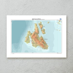 Kefalonia Karte Druck (Griechenland) — dekorative topographische Karte Wandkunst in A3/A4-Größe — Premium kartographisches Kunstwerk aus Papier; originales Reisegeschenk