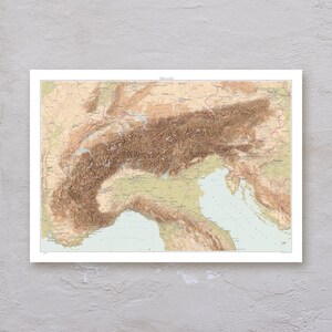 Afdruk van de Alpenkaart — decoratieve kaartmuurkunst in vintage stijl in A1/A2-formaat — premium papier — cartografische kunstwerken — origineel reiscadeau