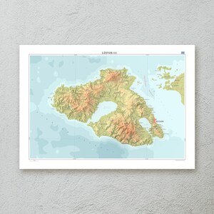 Lesbos Kartendruck (Griechenland) — dekorative topografische Karte Wandkunst in A2/A3 Größe — Premiumpapier — kartographisches Kunstwerk — originelles Reisegeschenk