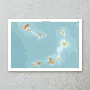 Impression de carte du Cap-Vert — oeuvres d'art murales de carte topographique décorative au format A1/A2 — papier premium — illustrations cartographiques — cadeau de voyage original