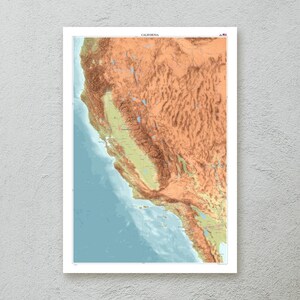 Kalifornien Karte Druck (USA) — dekorative topografische Karte Wandkunst in A1/A2 Größe — Premiumpapier — kartographisches Kunstwerk — originelles Reisegeschenk